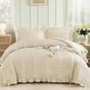 WONGS BEDDING Beige Textured Comforter Set King,3 Pieces Ruffle Farmhouse Shabby Chic Comforter for Queen Bed,Soft Seersucker Boho Bedding Set with 1 Ruffle Comforter,2 Tufted Pillowcases 104"90"
