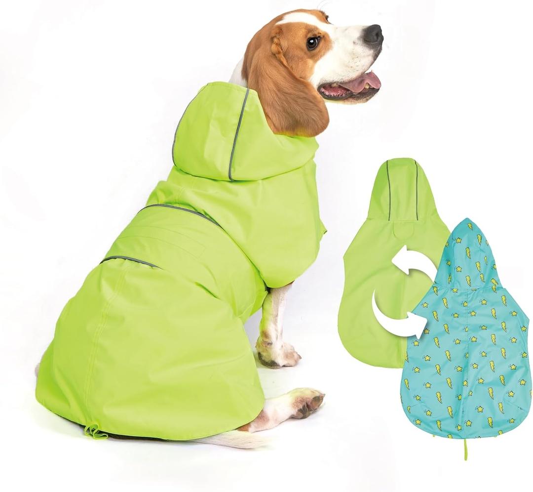 Kimee Dog Raincoat Reversible, Single Side Slicker Poncho Adjustable Waterproof Dog Rain Jacket with Leash Hole/Reflective Stripe Hooded Snowproof Windproof Clothes Dogs, L