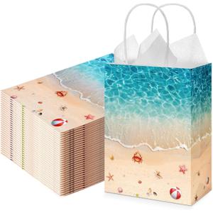 Kolldenn 30 Pcs Beach Party Paper Gift Bags Seashell Beach Decorations Ocean Theme Goody Favor Bags with Handle Ocean Waves Birthday Party Supplies for Baby Shower Wedding Luau Tropical Holiday