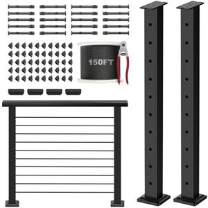 RailinGo 36" Complete Set Cable Railing Post Kits, Wire Railing System Includes 2Pack 35" Level Drilled Posts, 4.5FT Cable Handrail, 1/8" 150FT Wire Rope, Swageless Cable Railing System Kits, Missing Parts