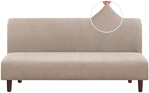PrinceDeco Stretch Armless Futon Cover Futon Slipcover Full Queen Size Futon Couch Cover Futon Sofa Cover Futon Bed Cover Furniture Protector with Elastic Bottom, Checked Pattern Jacquard, Sand