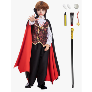 Fooecor Boys Vampire Costume - Scary Halloween Party, Teeth, Cane & Cosmetic Kit Included Small Kids