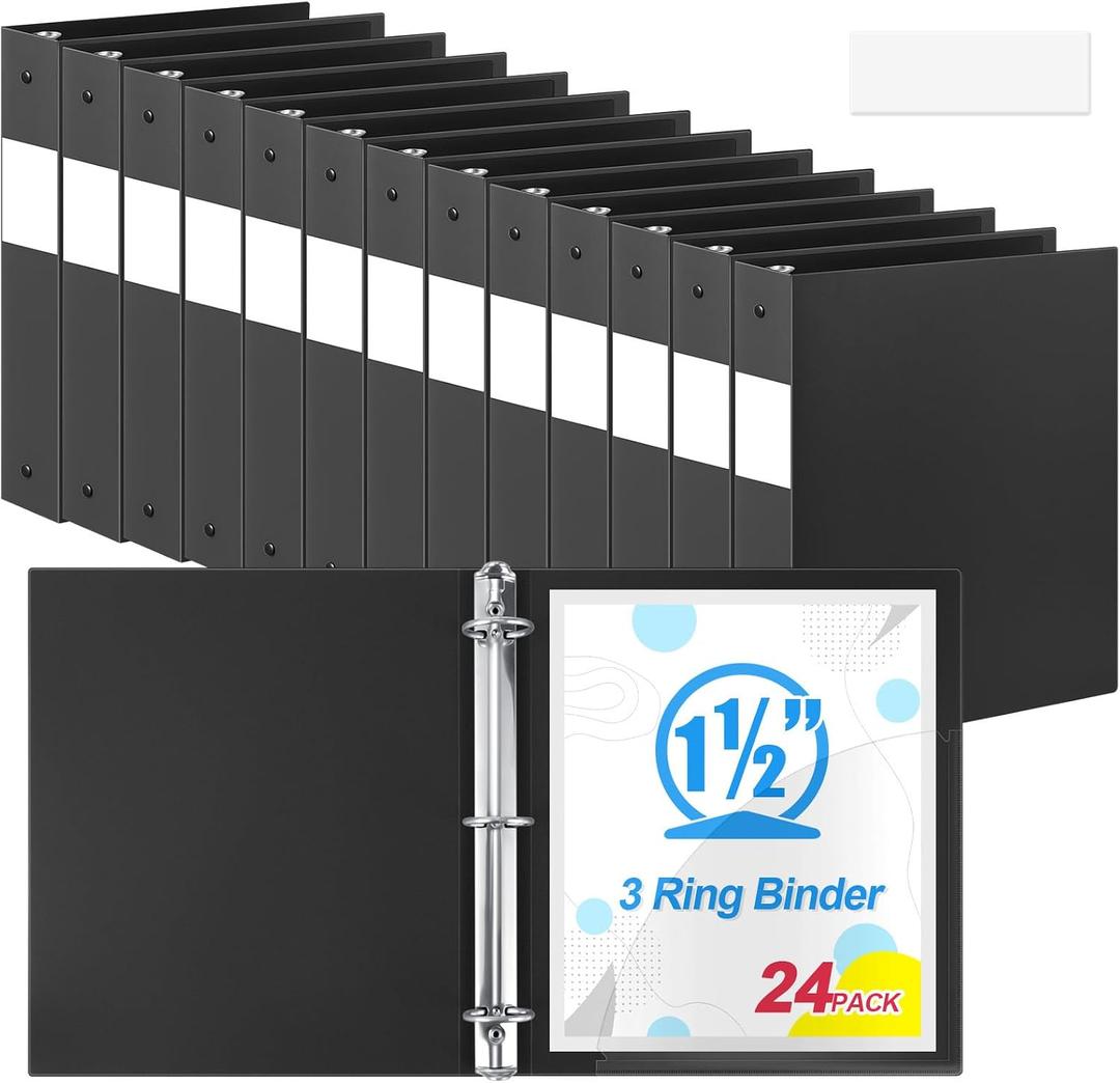 Henoyso 24 Pack 1.5 Inch 3 Ring Plastic Binders with Pockets, Black