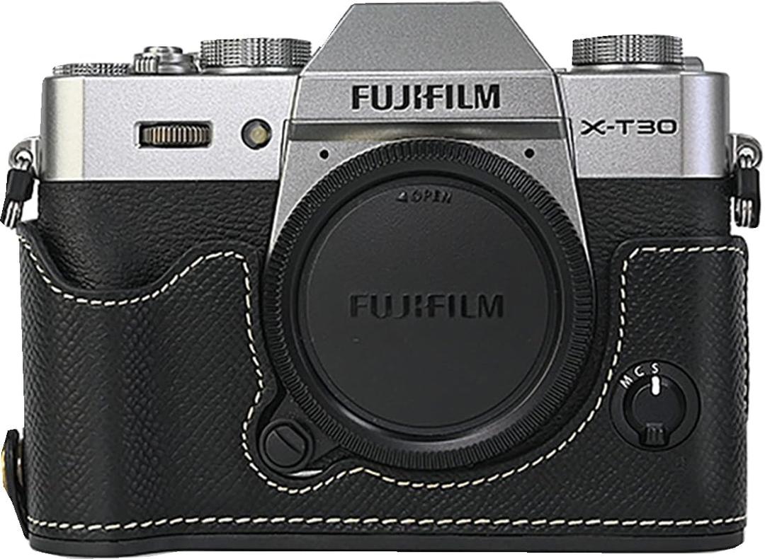 X-T30 Case, BMAOLLONGB Handmade PU Carbon Fibre Leather Half Camera Case Bag Cover Bottom Opening Version for Fujifilm X-T30 XT30 with Hand Strap (Black)