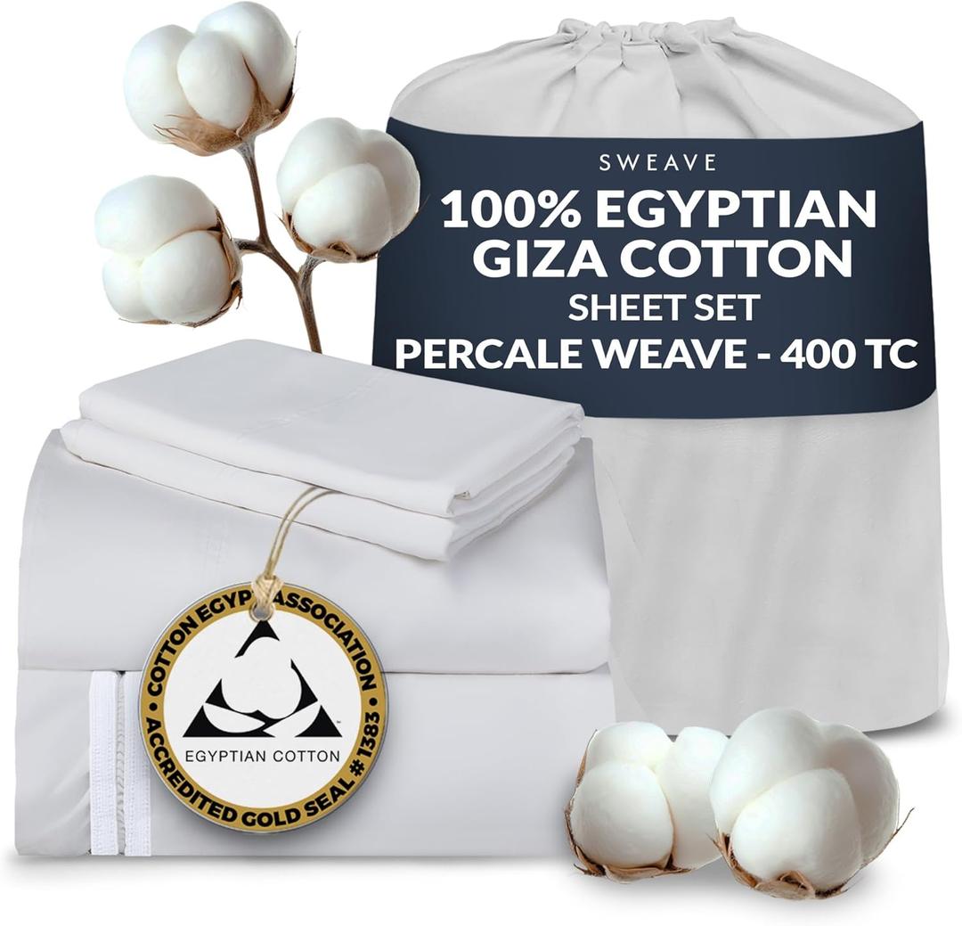 100% Egyptian Cotton Percale Sheets Queen Size - Genuine Luxurious 400 Thread Count - Naturally Crisp, Breathable, Skin-Friendly & Cooling - Softer After Each Wash - Oeko-TEX Certified Giza (Light Grey)