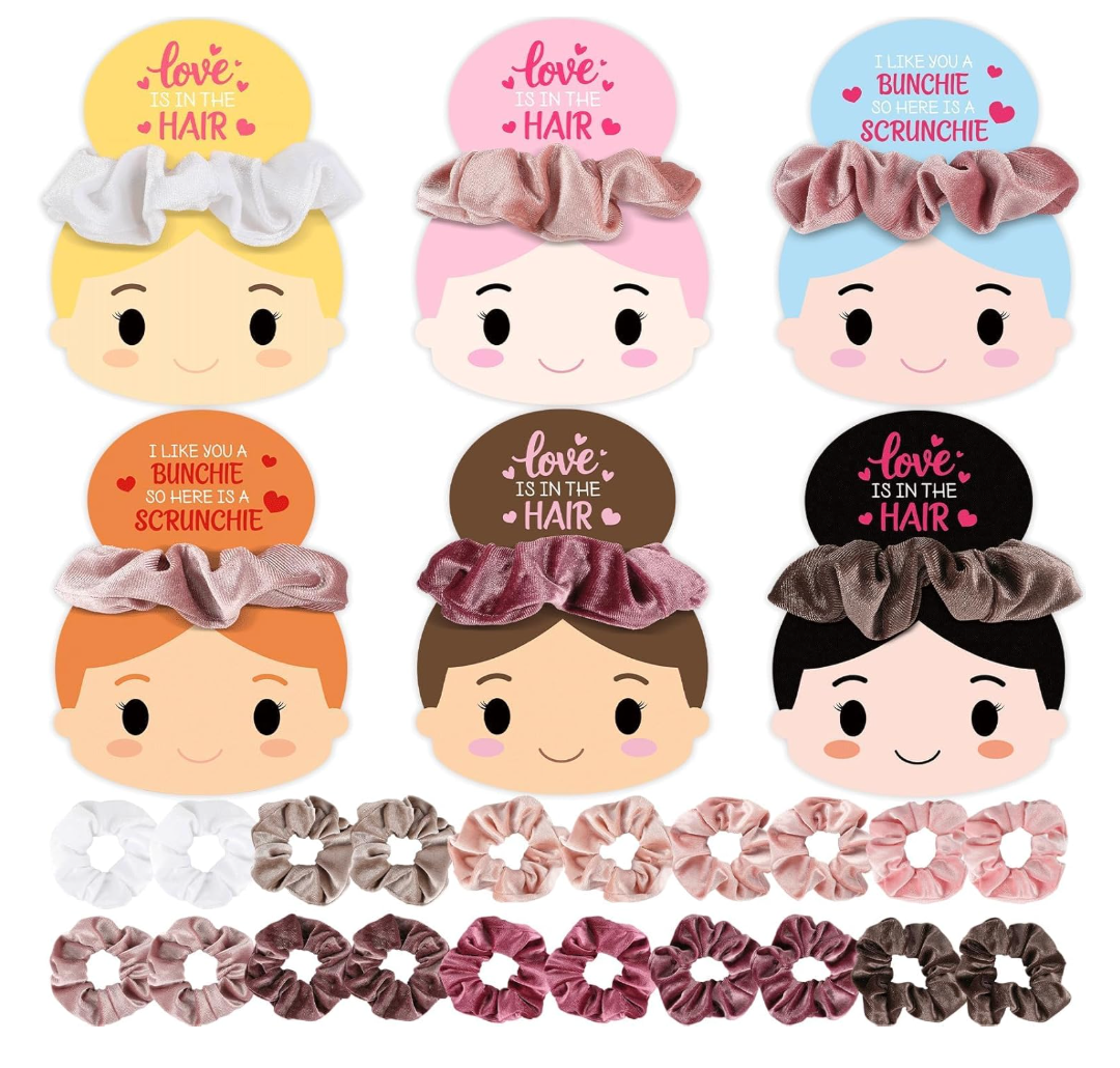 Naozinebi 24 Pack Valentines Day Scrunchies Bulk with Greeting Cards Valentines Gifts Party Favor Velvet Pink Hair Ties Exchange Gift Blush Scrunchies