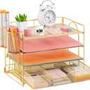 Lavatino Paper Letter Tray Organizer with File Holder, 4-Tier Desk Accessories & Workspace Desk Organizers with Drawer and 2 Pen Holder for Office Supplies (Gold)