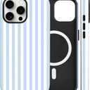 Magnetic for iPhone 15 Pro Case Cute Stripes Phone Case, Shockproof Slim TPU and Hard PC Protective Phone Cover Compatible with MagSafe Designed for Women Girls, Blue and White