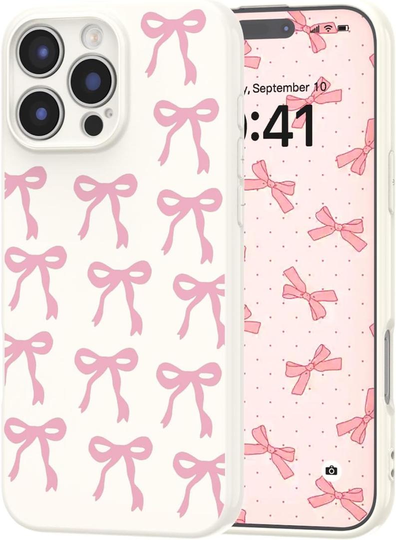 Case for iPhone 15 Pro, Cute Bow Ribbon Aesthetic Bowknot Pattern Case for Women Girls, Girly Trendy Soft Slim TPU Bumper Shockproof Protective Cover - Pink Bows/Beige