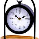 Metal Black Farmhouse Desk Clock with Wooden Base, Decorative Table Clock for Living Room, Silent Mantel Clocks Shelf Decor Battery Operated, 10 x 8 x 4.5 Inches, Black