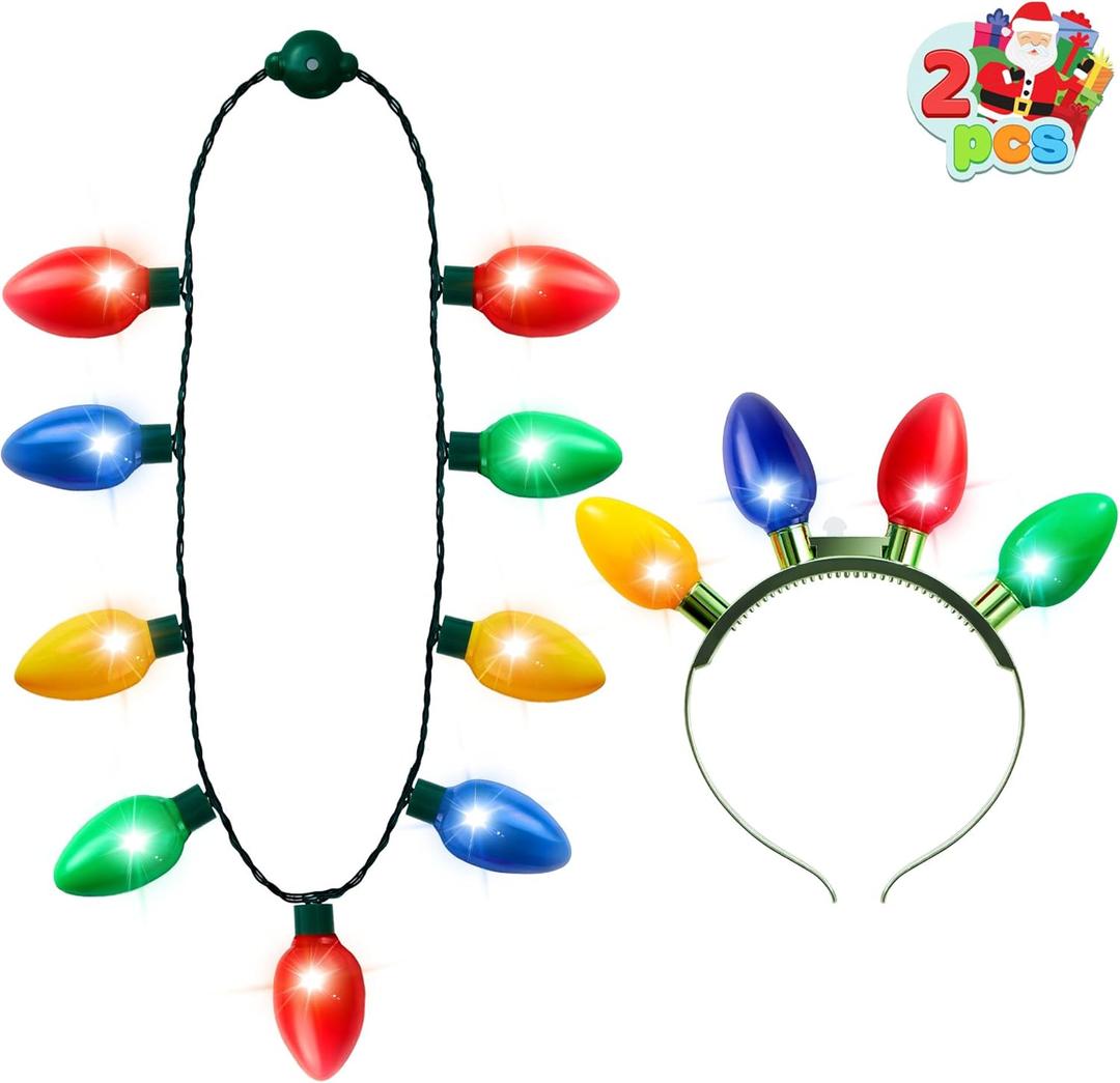 JOYIN 6 Pcs Christmas Light Up Headband and Necklace with 6 Flashing Modes, LED Christmas Bulb Lights Necklace Headband for Kids Women Men Xmas Party Supplies Accessories