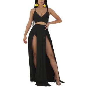 Women Sexy 2 Piece Outfits Dress Chiffon Strap Deep V Neck Bra Crop Top High Split Maxi Dresses Skirt Set (Large, Update Black/With Pad)