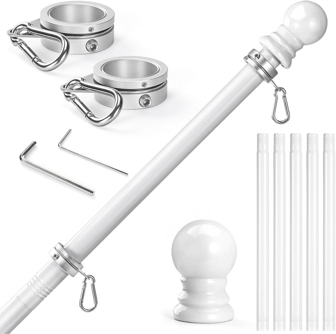Anovo Flag Pole for Outside House - Stainless Steel 6 FT Flag Poles Kit with1 Inch Metal 360 Rotating Rustproof Flag Pole Rings for Outside House Porch 3x5 Flag Without Holder (6 FT-White)