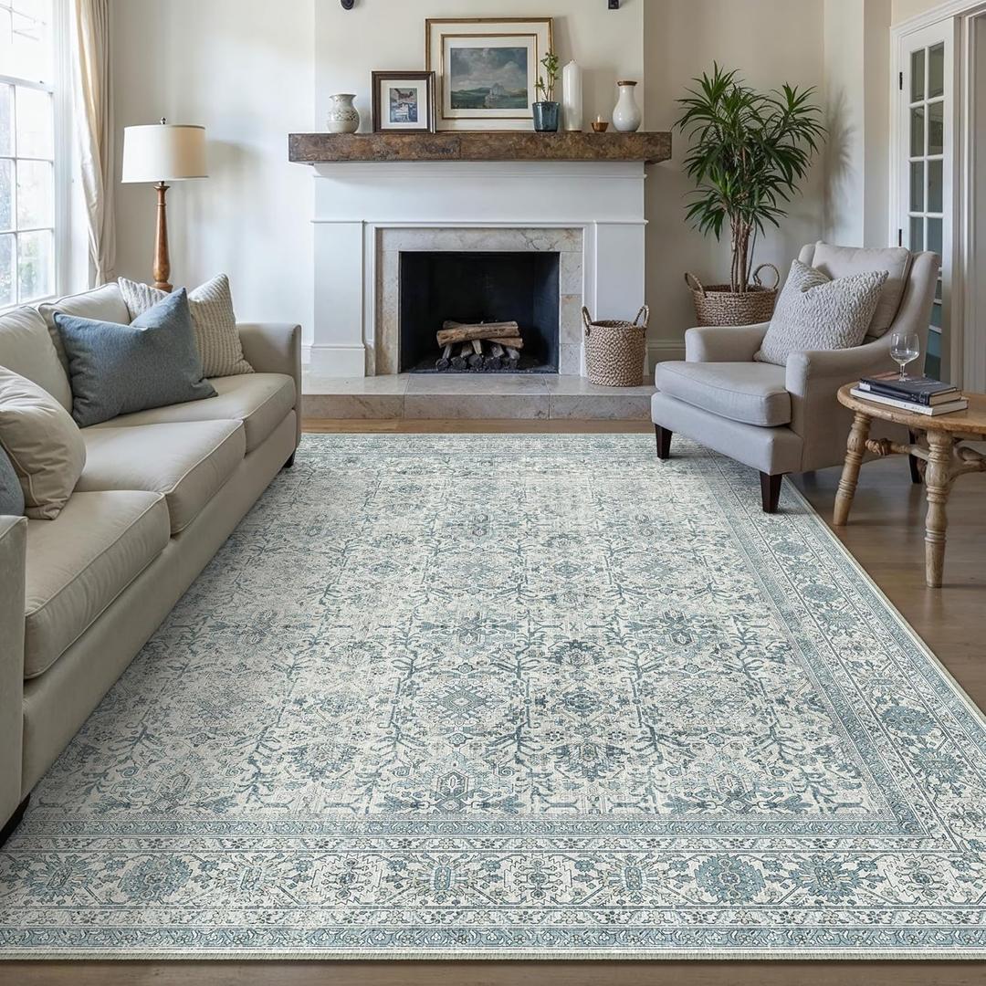 PureCozy Area Rug 6x9 Blue Washable Living Room Carpet Soft Non Slip Vintage Bedroom Indoor Office Traditional Retro Distressed Large Throw Rug for Dining Room Kitchen Playroom