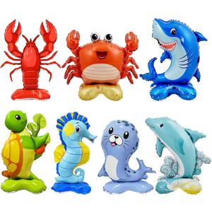 7 Pcs Ocean Animal Balloons - Standing Turtle Seahorse Dolphin Shark Crab Lobster Sea Lion Foil Balloons for Under The Sea Themed Party Decorations