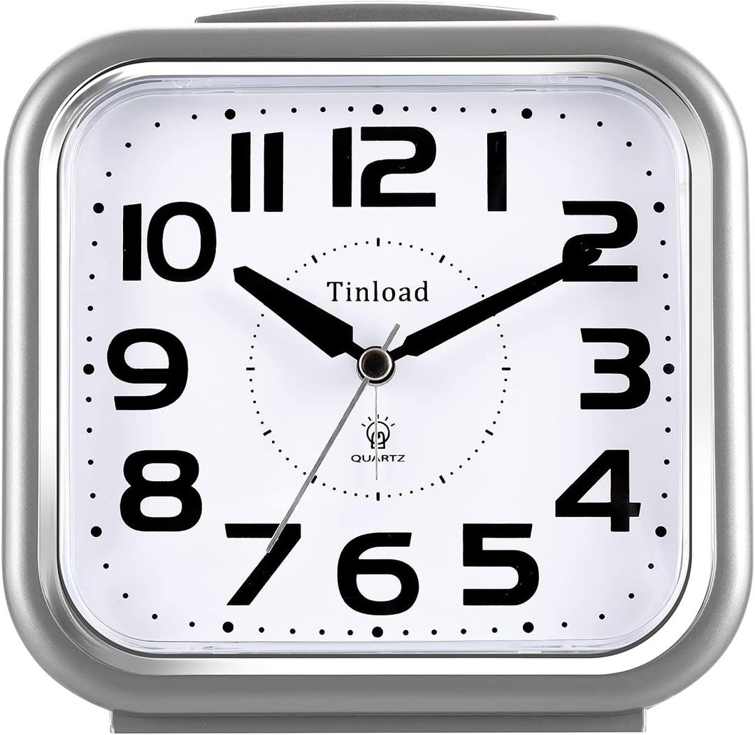 5.5" Large Analog Alarm Clock Silent Non Ticking, Gentle Wake, Beep Sounds, Increasing Volume, Battery Operated Snooze and Manual Light, Easy Set (Gray)