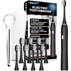 FXQQZZ Electric Toothbrush for Adults and Kids, with Tongue Scraper and Travel Case, 8 Brush Head, Smart Timer & 4 Modes Rechargeable Toothbrush, 42000 VPM Deep Clean, One Charge Last 90 Days - Black
