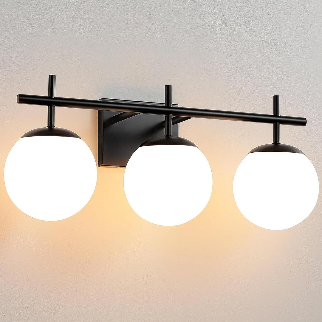 AIJIASI Black Bathroom Vanity Light, 3-Light Bathroom Lighting Fixtures Over Mirror with Milky White Globe Glass Shade, Mid Century Modern Vanity Lights Fixture Over Mirror 22.4 Inch