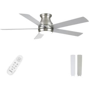 52 Inch Brushed Nickel Ceiling Fans with Lights and Remote, LED Low Profile Flush Mount Ceiling Fan for Bedroom, Living Room,Patio, Quiet DC Motor, 5 Blades