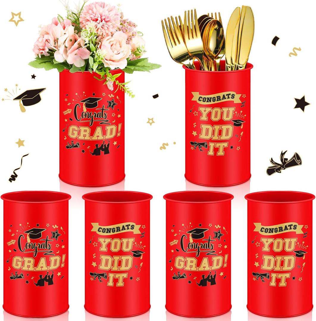 Domensi 6 Pcs 2025 Graduation Table Centerpiece Vase Decorations Class of 2025 Galvanized Metal Tin Vases for Artificial Flowers Grad Caps Cutlery Utensil Holder for Party Supplies Gifts(Red)