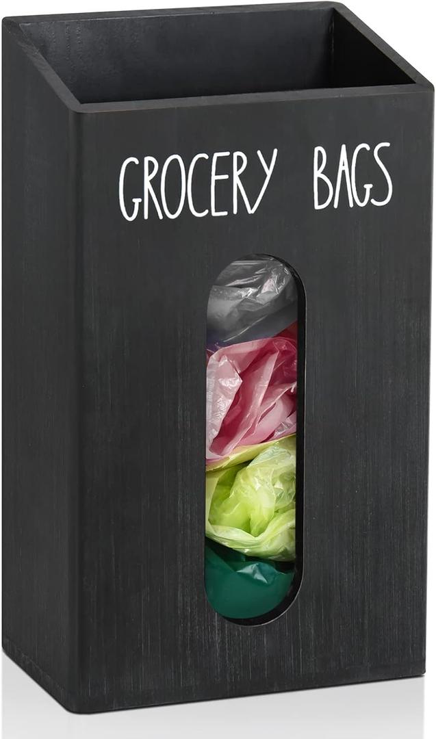 Farmhouse Wooden Grocery Bag Holder and Dispenser, Wall Mounted Plastic Bag Holder and Dispenser with Extra-Wide & Easy-Access Openings, Garbage Bag Dispenser Anti-Fingerprint Rustic Finish Bags Saver (Black)