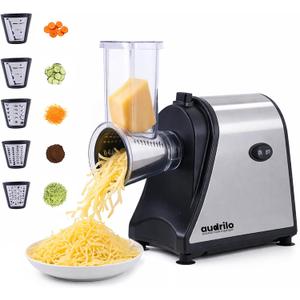 AUDRILO Electric Salad Maker & Cheese Grater, 5-in-1 Electric Vegetable Slicer with Interchangeable Stainless Steel Blades, Electric Food Processor for Cheese, Fruits & Vegetables, Electric Grater