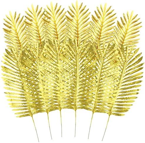 KIMOBER 6 PCS Artificial Gold Palm Leaves,Large Golden Faux Tropical Palm Leaves Realistic Ferns Artificial Plants Leaf for Home Hawaiian Luau Party Jungle Beach Decorations
