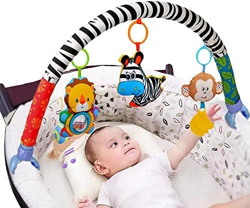 Adjustable Baby Travel Play Arch, Detachable Activity Musical Animal Toys Mobile for Bassinet Crib Stroller Pram Car Seat Mobiles Width Among 11.6-20.2 Inch with Rattles BB Squeaker Teether