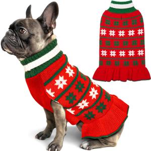 KYEESE Christmas Dog Sweater Fall Winter Clothes Warm Coat Dress With Leash Hole Pullover Knit Turtleneck for Girl With Snowflake for Small Dogs, Girl Red, X-Large