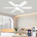 52inch White Ceiling Fans with Lights and Remote/App Control, Low Profile Ceiling Fan with Light and 6 Double-Side blades, Flush Mount, LED/RGB Dimmable DC Reversible Modern Ceiling Fan for