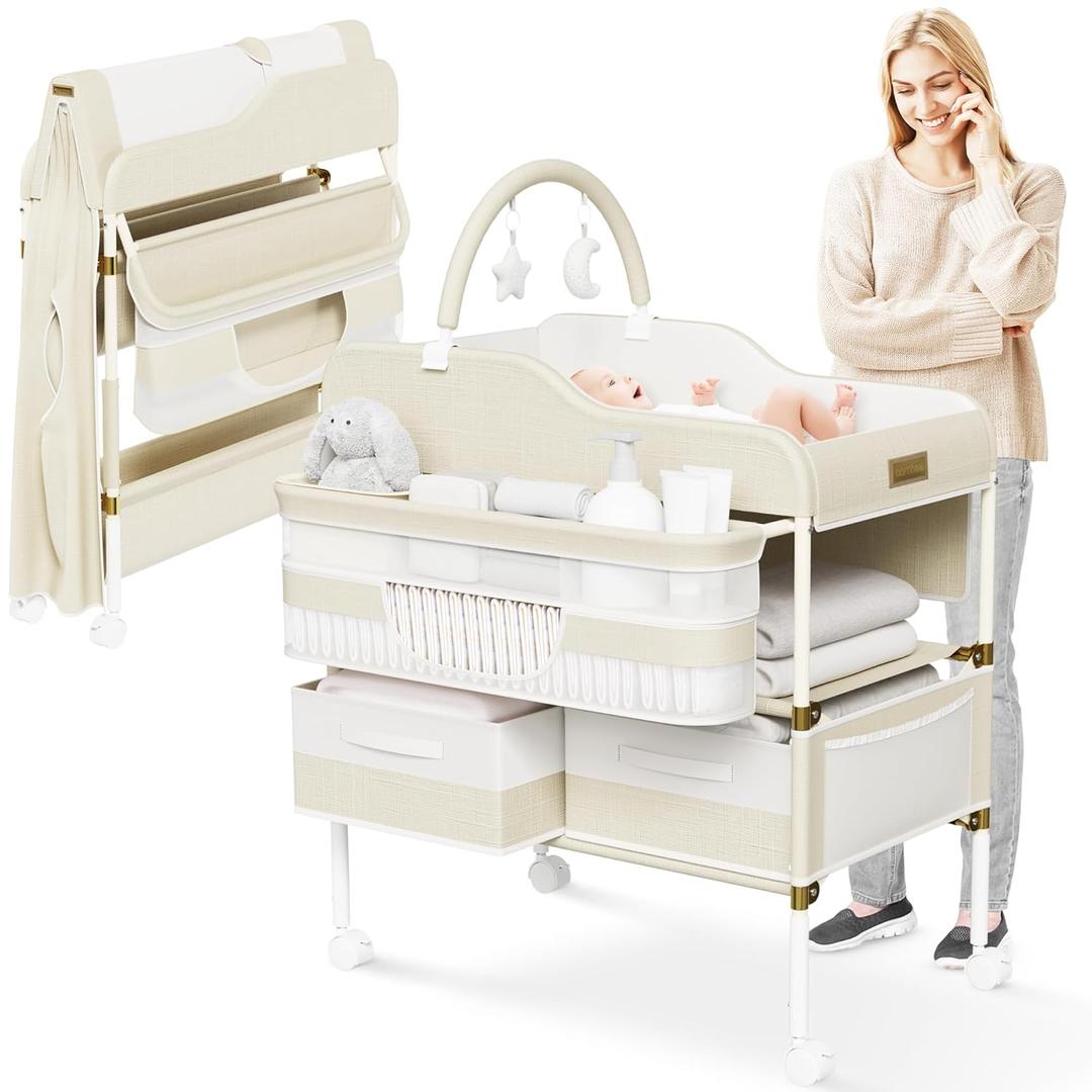 Portable Baby Changing Table with Wheels - Modern Dresser Changing Tables w/Hanging Toys, Laundry Bag, Changing Table Organizer Boxes - Folding Waterproof Baby Diaper Changing Station for Nursery (Cream and gold)
