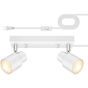 Plug in Track Lighting Fixtures Ceiling, White Track Light LED, 2-Light Track Lights with Cord, 2 Way Ceiling Spotlight, Rocker Switch, Rotatable Wall Mount Light for Kitchen/Bedroom,Bulb Not Included