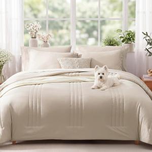 Monbix Super King Plus Size Comforter Set - 7 Pieces Apricot Beige Bed in a Bag Super King Plus Bedding Sets with Comforters, All Seasons Comforter Bed Set with Sheets,Pillowcases & Shams
