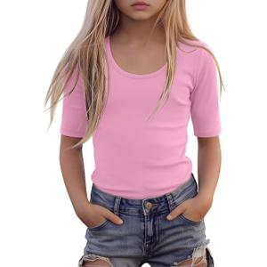 Girls' Half Sleeve T Shirts 1/2 Sleeve Scoop Neck Shirts Slim Fit Elbow Length Summer Casual Tops Size 5-14 Years