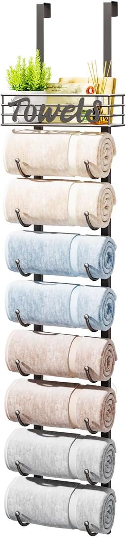 HapiRm Towel Racks for Bathroom Storage - 9 Tier Over The Door & Wall Mount Rolled Towel Storage Organizer Holder with Metal Shelf Basket for Small Bathroom, Camper, Rv - Brushed Nickel, Patented
