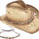 Men's Women's Straw Cowboy Hat Cowgirl Woven Sun Hat Western Cowboy Hat Two Decorative Bands, One Size