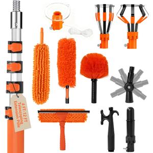 20FT Light Bulb Changer for High Ceilings with 5-12FT Heavy Duty Extension Pole, High Ceiling Fan Duster Extendable Reusable Cobweb, Feather, Window Cleaning Squeegee Kit for Home & House, Interior Roof (Orange)