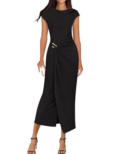 ZESICA Women's 2026 Summer Cap Sleeve Casual Bodycon Dress Elegant Wedding Guest Cocktail Party Long Midi Dresses,Black,Medium