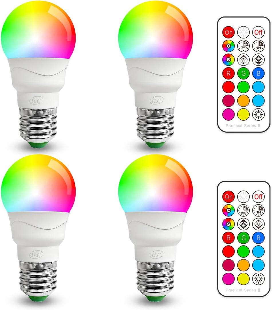 ILC RGB LED Light Bulb, Color Changing 40W Equivalent, 5700K Daylight White, 450LM 5W E26 Screw Base RGBW, Mood Light Bulb - 12 Color Choices - Timing Infrared Remote Control Included (4 Pack)