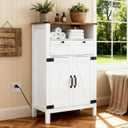 Bathroom Floor Cabinet with Outlets, Farmhouse White Cabinet with Doors, Drawer, Bathroom Storage Cabinet Hutch Cupboard Organizer for Kitchen Pantry, Laundry, Entryway, Rustic