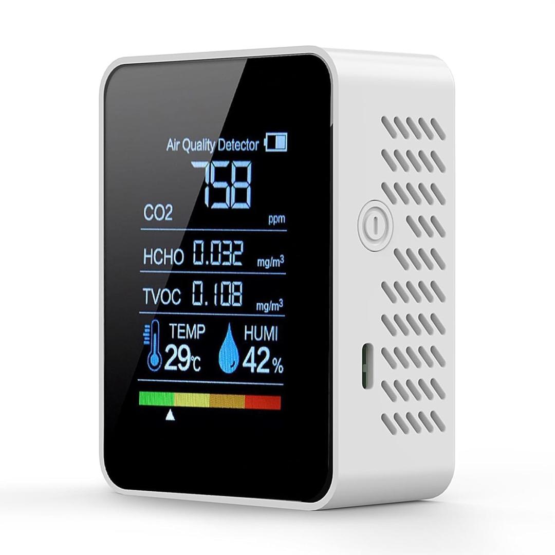 Prefessionall Indoor Air Quality Monitor, 5 in 1 Portable Smartair Quality Tester for CO2 | TVOC | HCHO | Temp | Hum for Home Cars Plants and Pets So OnWhite