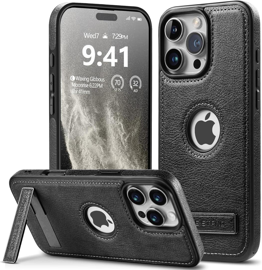 Designed for iPhone 16 Pro Max Leather Case with Stand, Protection Slim Adjustable Kickstand Phone Cover Compatible with iPhone 16 Pro Max (Black)