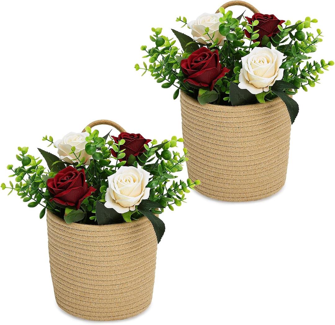 2 Pack Wall Hanging Rope Basket with Artificial Roses Eucalyptus Farmhouse Decor, Jute Basket Floral Arrangement for Entryway Kitchen Bedroom Living Room Home Decorations - Burgundy Champagne