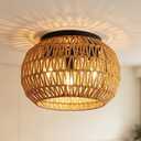 16" Boho Rattan Flush Mount Ceiling Light Fixture, Large Rustic Chandelier