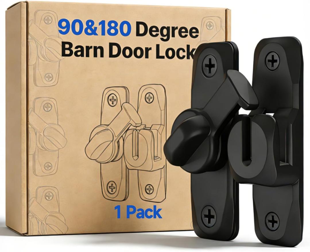 Barn Door Lock and Latche: Black 90/180 Degree Latch, Sliding Barn Door Locks, Small Sliding Gate Latch, Zinc-Alloy Bifold Door Latch for Cabinets, Bathroom, Window, Outdoor, Child Proof (1 Pack)