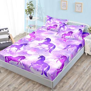 HOSIMA Purple Unicorn Bedding Sets for Girls Kids,Planet Cloud Unicorn Fitted Sheets Twin Bedding Set,Soft Microfiber Princess Toddler Bed Sheet Set with 15-Inch Deep Pockets. (Twin 39"*75")