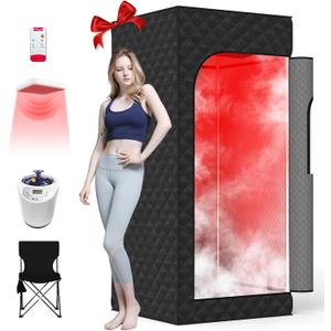 Portable Infrared Saunas for Home,Sauna Box with Red Light Therapy.Steam Sauna with 15-Level Heating,0-99 Minute Timer,Personal Sauna Tent with 3L 1200W Steam Steamer,Remote Control,Folding Chair