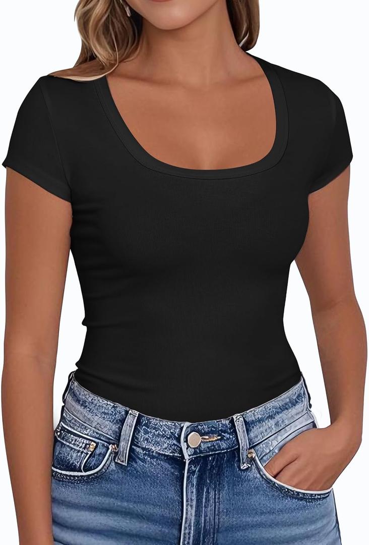 PALINDA Women's Short Sleeve Scoop Neck Fitted Shirts Basic Casual Stretchy T Shirt Workout Tops (Large, Black)