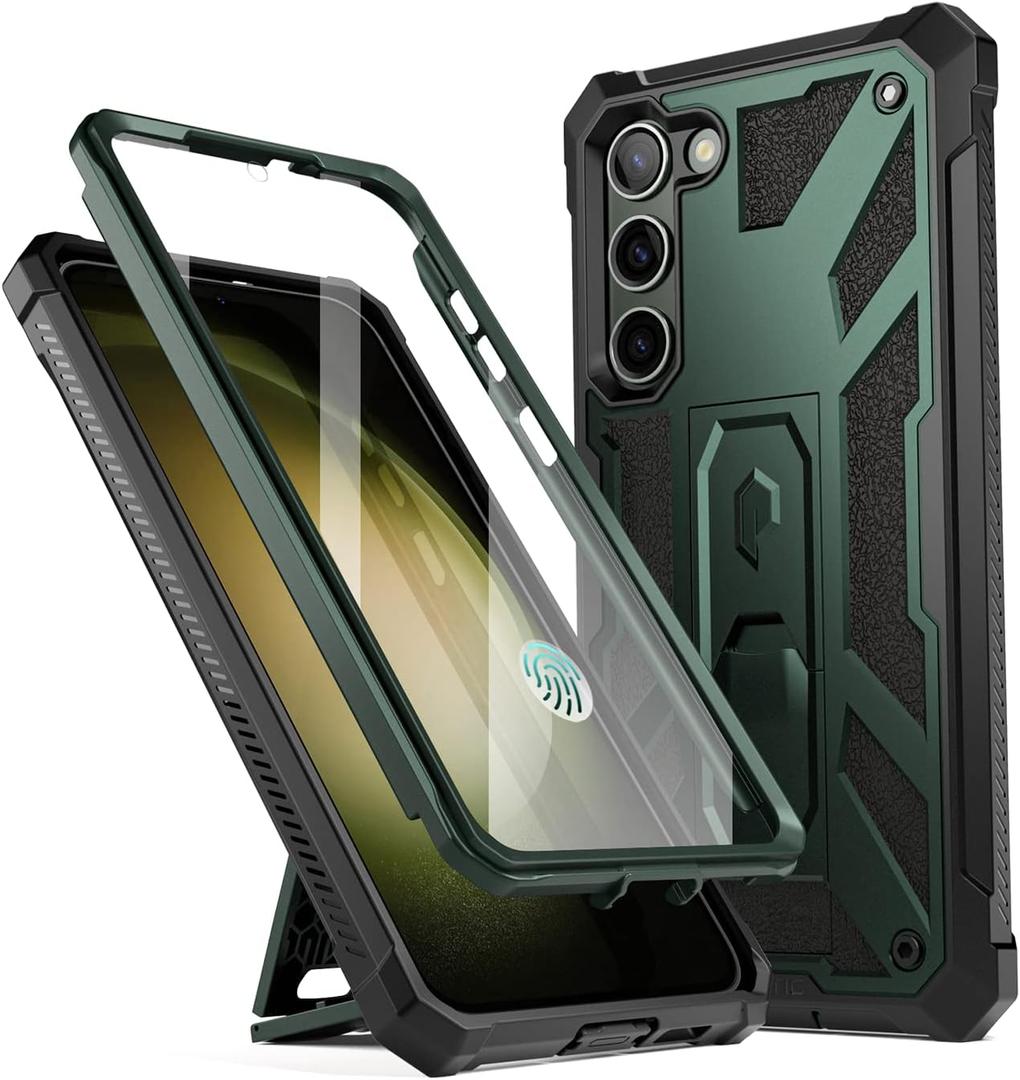 Poetic Spartan Case for Samsung Galaxy S23 5G 6.2 inch, Built-in Screen Protector Work with Fingerprint ID, Full Body Rugged Shockproof Protective Cover Case with Kickstand, Metallic Green
