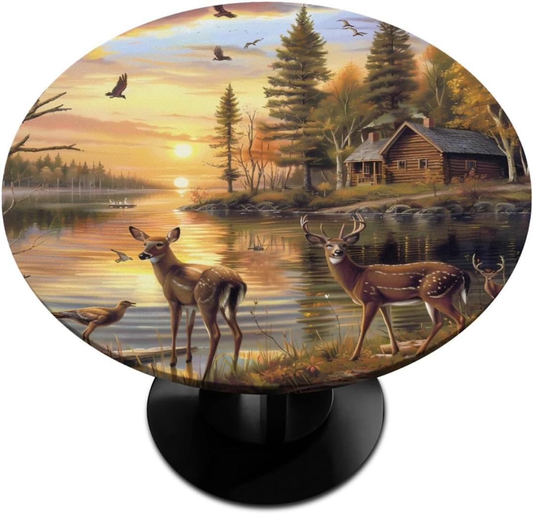 Round Tablecloth Autumn Forest River Birds Deer Fitted Table Cloth with Elastic Edge Waterproof Spill Proof Elastic Table Cover for Kitchen Party Decor, Fit 36-42In Round Tables